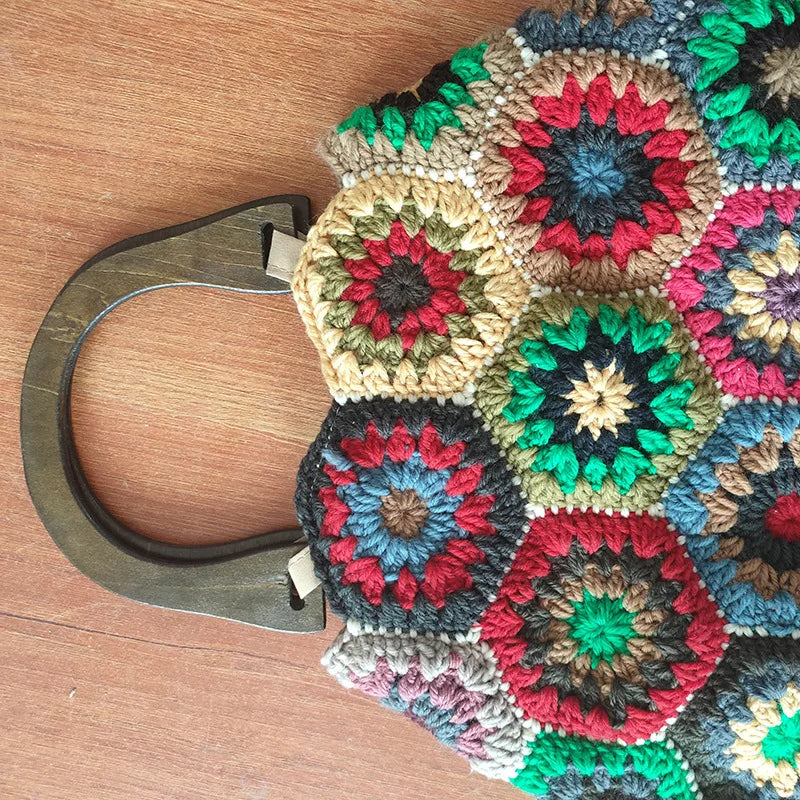 Bohemian Granny Square Crochet Tote Bag Handmade Knitted Shopper Handbag