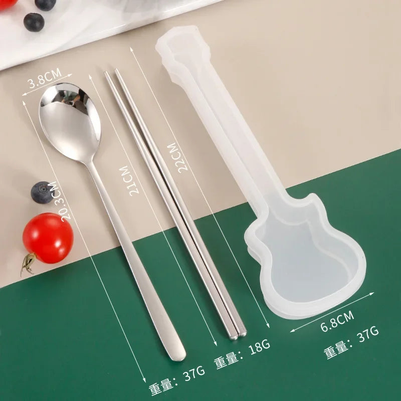 2/3Pcs Cutlery Set Fork Spoon Chopsticks Dinnerware Set 304 Stainless Steel Portable Travel Flatware Guitar Box