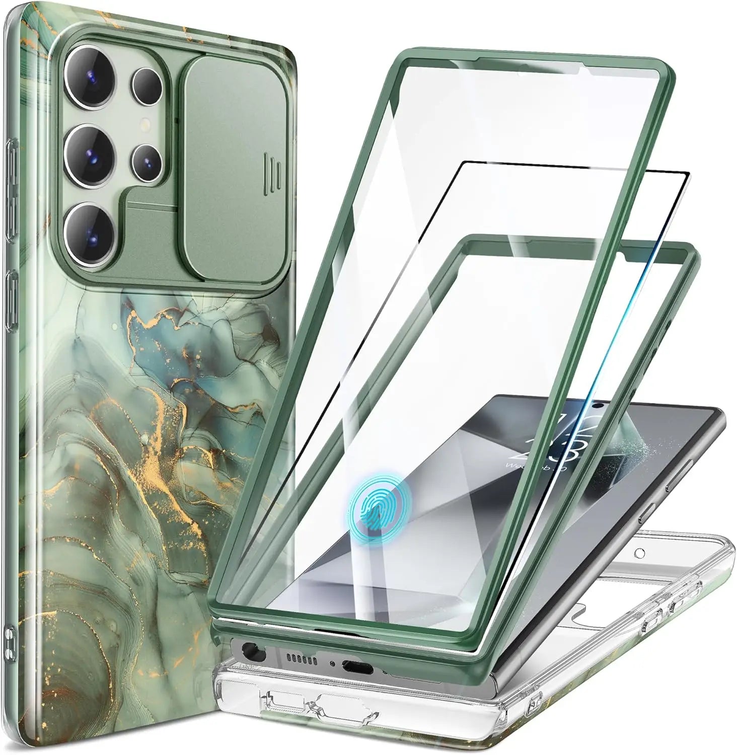 For Samsung Galaxy S24 Ultra Case with 2 Front Frames Slide Camera Lens Protection Heavy Duty Shockproof Marble Phone Case Cover