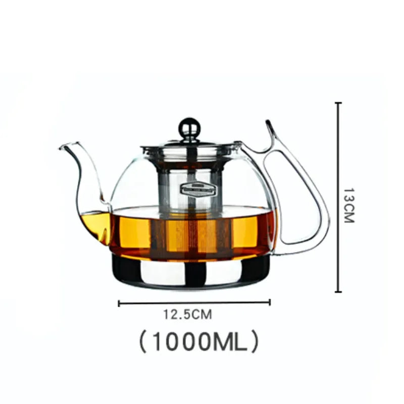 Heat Resistant Glass Teapot with Stainless Steel Filter Large Capacity Induction Kettle 1.2L