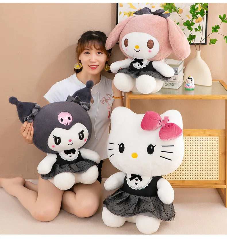 Kawaii Kuromi My Melody Plush Toy with Black Bow Skirt Cute Hello Kitty Stuffed Doll for Kids Birthday Xmas Gift Large Size Toy