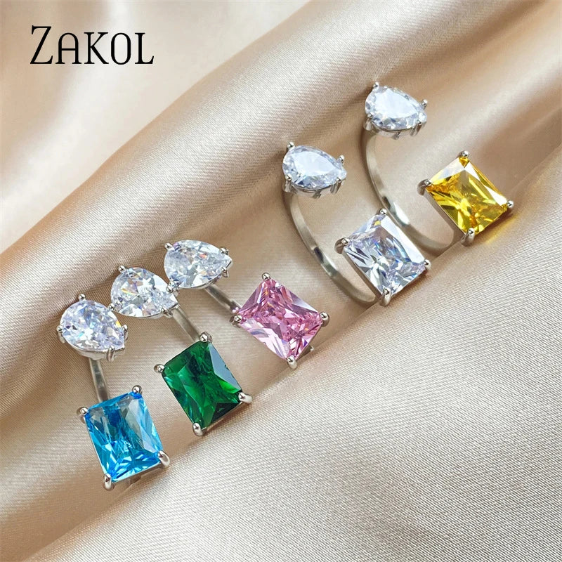 Pink Square Water Drop Open Rings for Women Shinny Cubic Zirconia Wedding Adjustable Ring