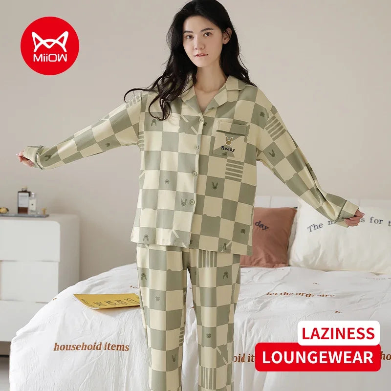 Women’s Winter 100% Cotton Pajama Set – Loose Fit, Turn-Down Collar, Long Sleeves, Cute Pink