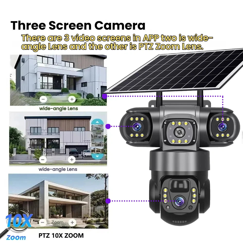 Solar Camera With 4G Sim Outdoor 3 Lens 3 Screen 10X Zoom PIR Human Detect Cam Waterproof Night Vision CCTV Security Protection