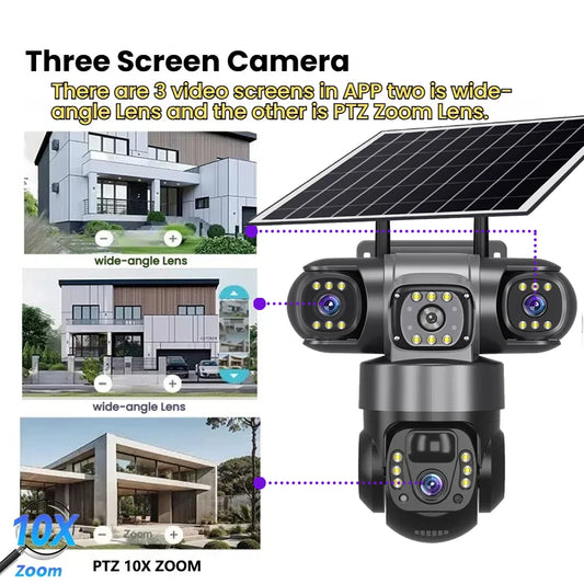 Solar Camera 4G Sim Outdoor 3 Lens 3 Screen 10X Zoom PIR Human Detect Cameras Waterproof Night Vision CCTV Security Protection