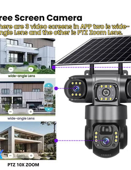 Solar Camera With 4G Sim Outdoor 3 Lens 3 Screen 10X Zoom PIR Human Detect Cam Waterproof Night Vision CCTV Security Protection