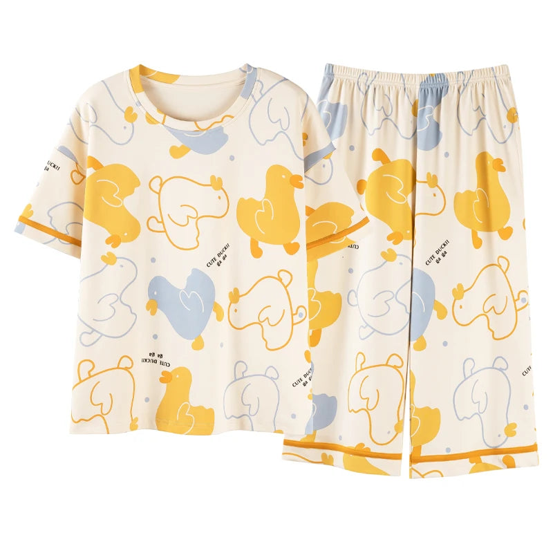 2-Pcs Women’s Summer Cotton Pajama Set – Short Sleeve Top & Calf-Length Pants with Cute Prints