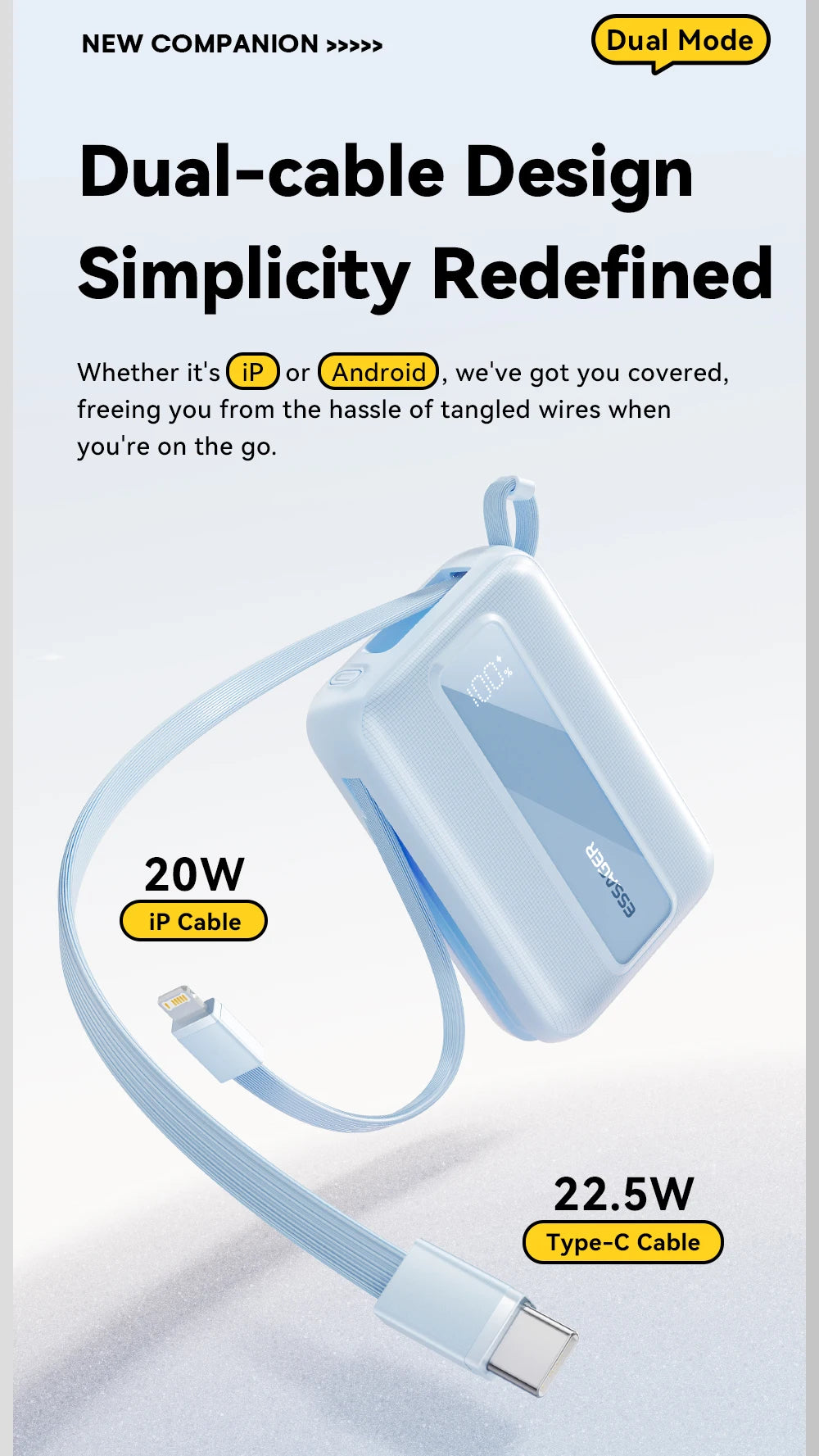 20000mAh Mini Power Bank 22.5W PD Fast Charging Portable Charger with Built-in Cables & Digital Display