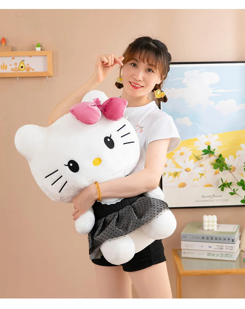 Kawaii Kuromi My Melody Plush Toy with Black Bow Skirt Cute Hello Kitty Stuffed Doll for Kids Birthday Xmas Gift Large Size Toy