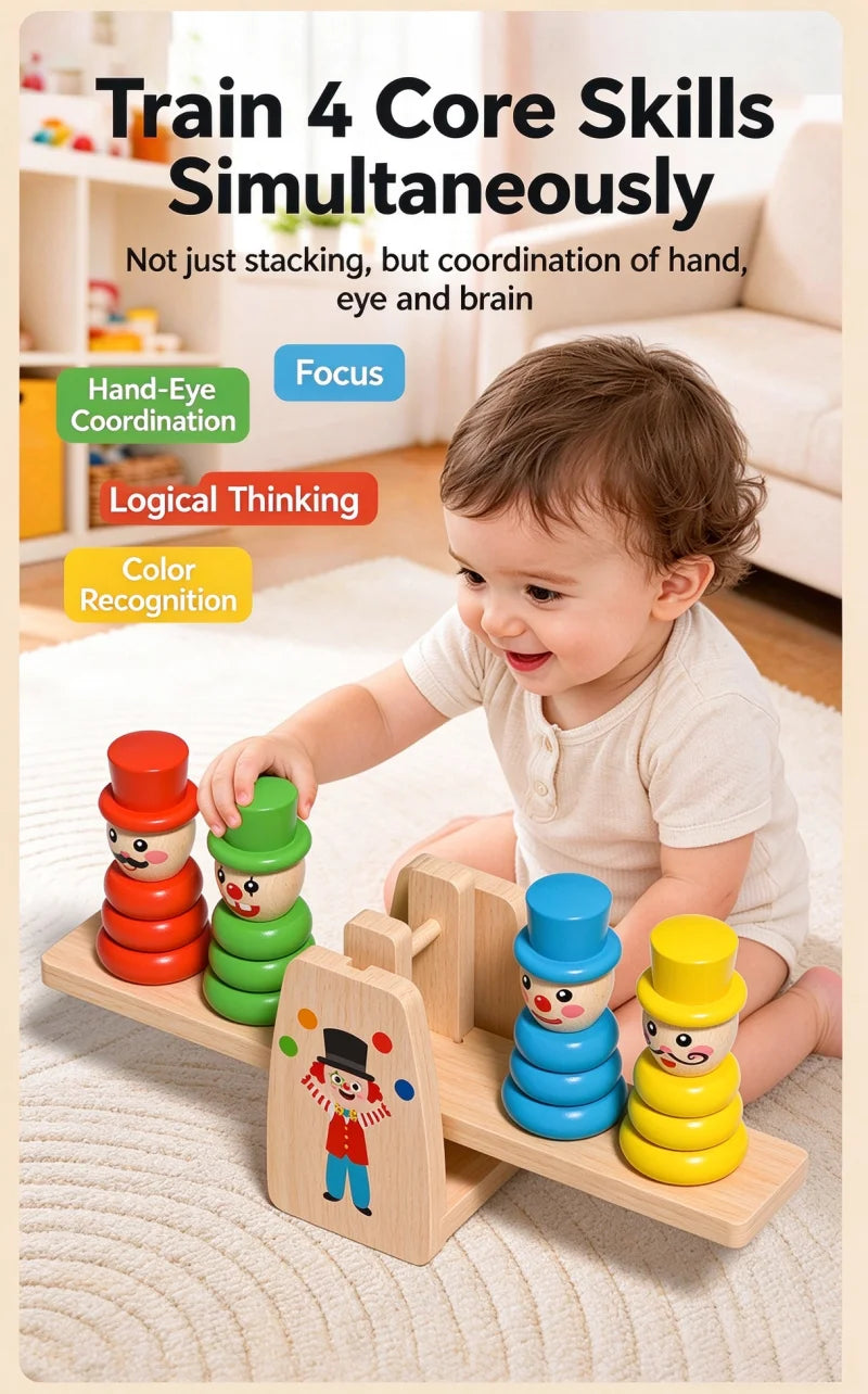 Wooden Clown Balance Scale and Stacking Rings Educational Toy