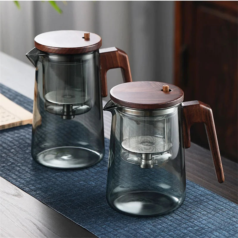 One Click Tea Separation Glass Teapot with Wood Handle