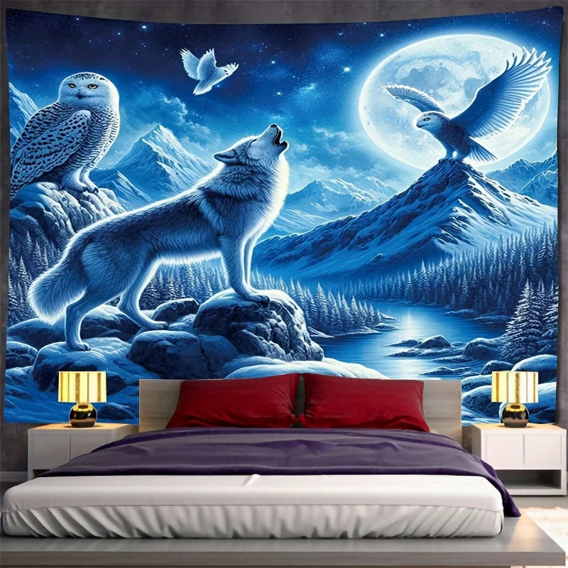 Arctic Wolf King Tapestry Wolf Fur Texture Snow Mountain Moonlight Living Room Theme Natural Style Room Decor