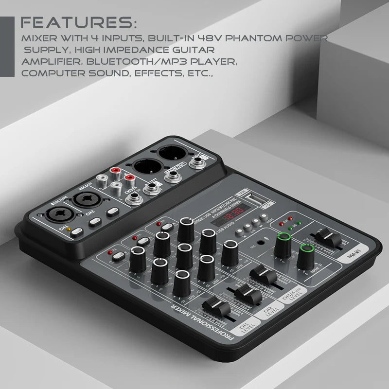 4 Channel Audio Recording Mixer With Bluetooth USB And 48V Phantom Power Light Grey