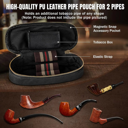 Wood Pipe Set with PU Leather Travel Pipe Pouch, Replaceable Pipe Stem, Pipe Filters and Pipe Accessories