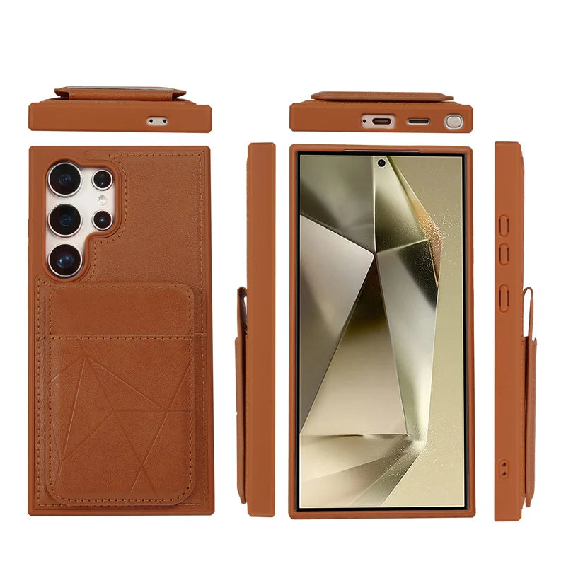 Business Leather Card Slot Bag Bracket Case for Samsung Galaxy S22 24 23 Plus Ultra Matte Stand Holder Wallet Shockproof