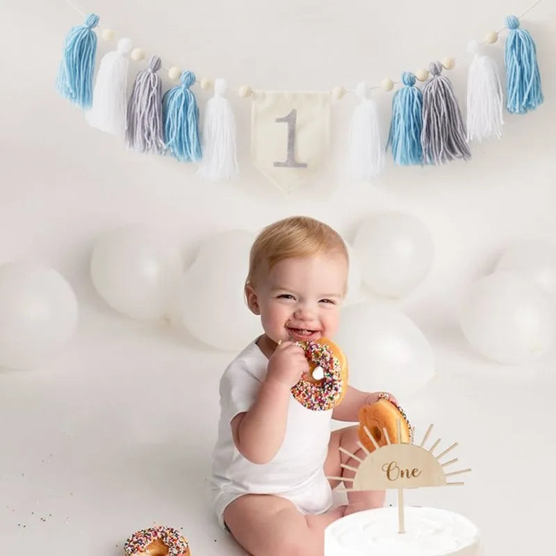 Let’s Make Baby Happy Birthday Party 1-3 Years Old Tassel Banner Newborn Milestone Photography Props For Kids Party Decoration