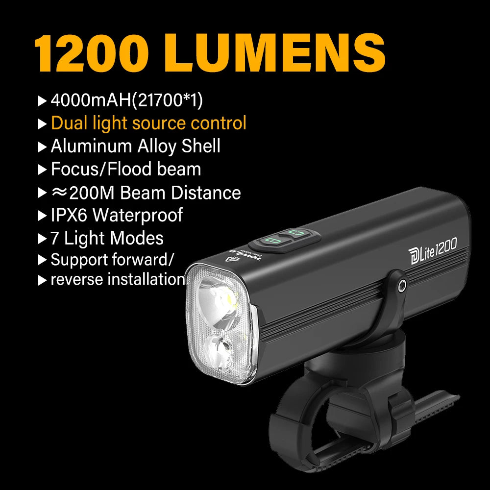 Bicycle Lights 1200LM/1800LM Focus/Flood Beam Dual Light Source LED Smart Bike Front Lights IPX6  Mtb Cycling Headlights