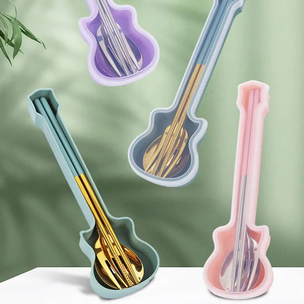 2/3Pcs Cutlery Set Fork Spoon Chopsticks Dinnerware Set 304 Stainless Steel Portable Travel Flatware Guitar Box