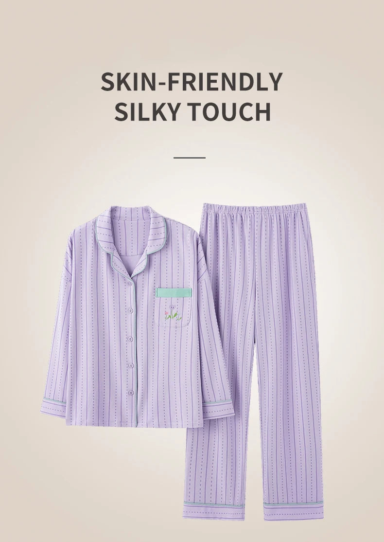 Women’s Winter 100% Cotton Pajama Set – Loose Fit, Turn-Down Collar, Long Sleeves, Cute Pink