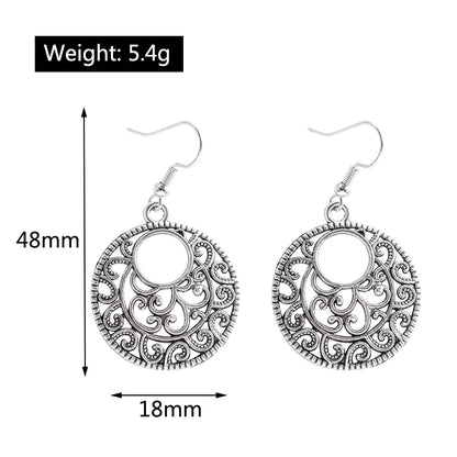 Statement Bohemian Vintage Ethnic Big Round Drop Earring Long Carved Flowers Drop Earrings For Women