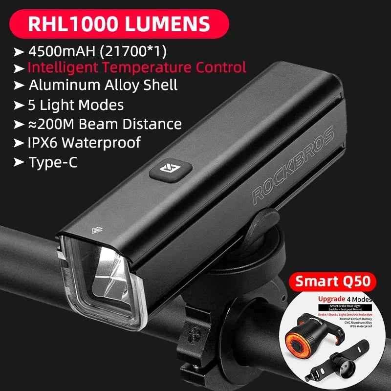 1000LM Bike Light Front Lamp Type-C Rechargeable LED 4500mAh Bicycle Light Waterproof Headlight Bike Accessories