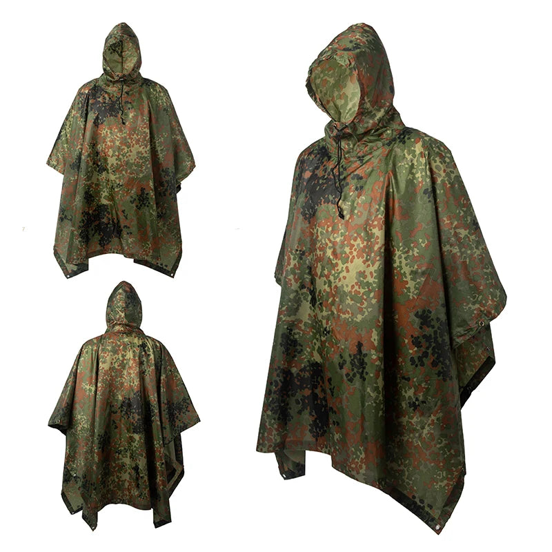 Waterproof Military Style Rain Poncho with Hood for Hiking and Camping