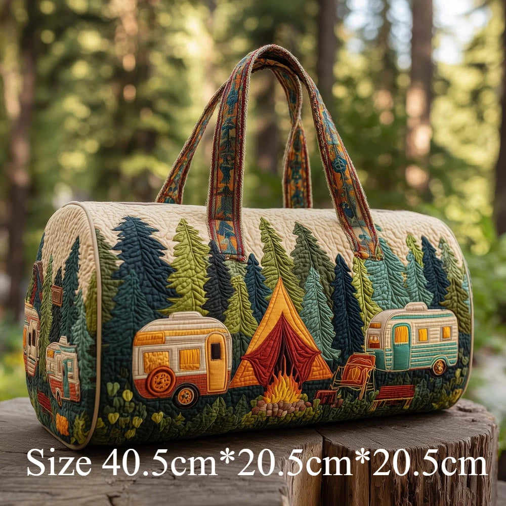 Handmade Quilted Travel Bag Vintage Artistic Camper Nature Duffle Bag Boho Weekender Tote for Men Women Camping Hiking Road Trip