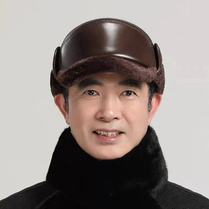 Winter Men's Hat Thicken Leather Cowskin Baseball Caps Bomber Hats With Ears Warm