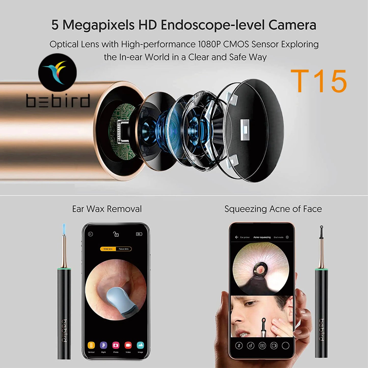 T15 Visual Ear Cleaner Replace Acne Picker, Ear Tips & Stainless Pimple Squeezing Kit
