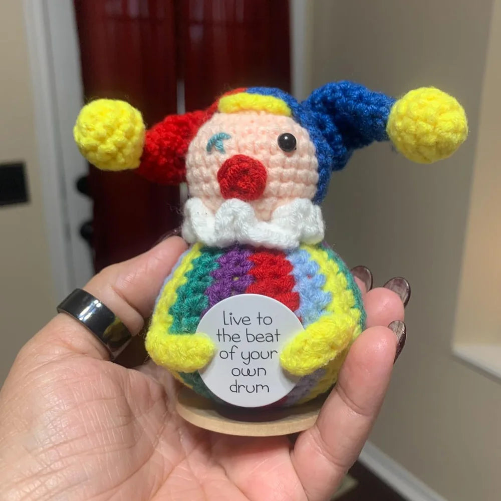 2 Pcs Funny Positive Crochet Clown Doll With Card Emotional Support Handmade Knitted Mini Clown Gifts Halloween Christmas Home Decor