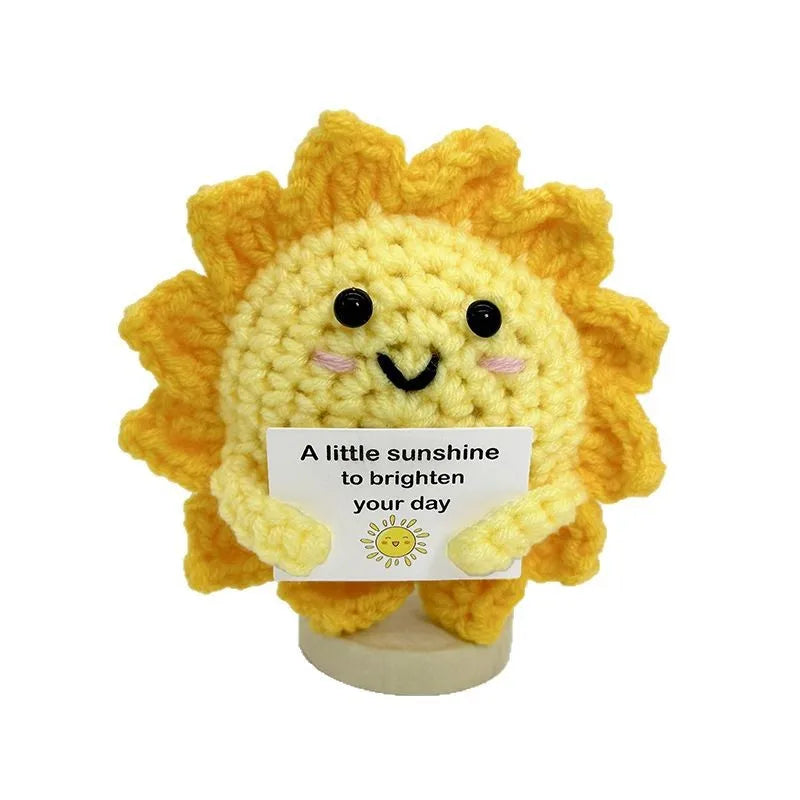 3 Pcs Funny Positive Crochet Sunshine Doll Desktop Ornament Handmade Cheer Emotional Support Positive Sun with Card Home Party Decor
