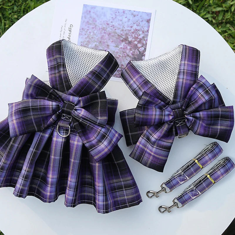 Dog Dress Harnesses with Leash Set Plaid Puppy Girl Skirt Doggy Dresses with Leash Ring Doggie Clothes for Small Medium Dogs