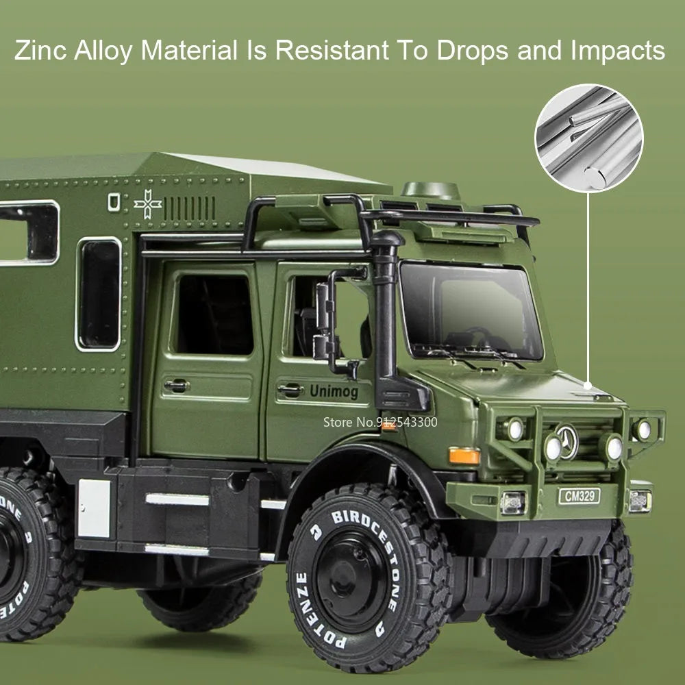 1:28 Scale X-Class 6x6 UNIMOG Motorhome Camping Car Model Toy Shock Absorption Sound Light Pull Back Off-road Vehicles Boys Gift