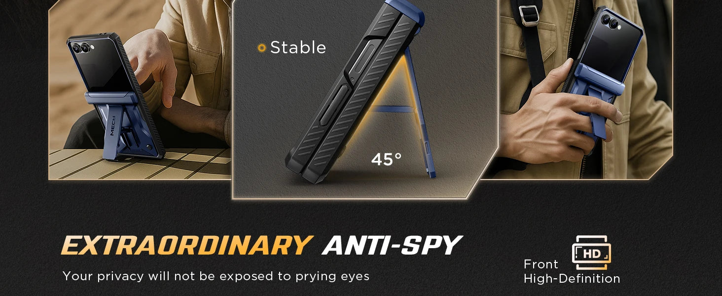 For Galaxy Z Flip 7 Case with Kickstand & 360° Rotatable Belt-Clip Built-in Privacy Screen Protector Hinge Protection Phone Case