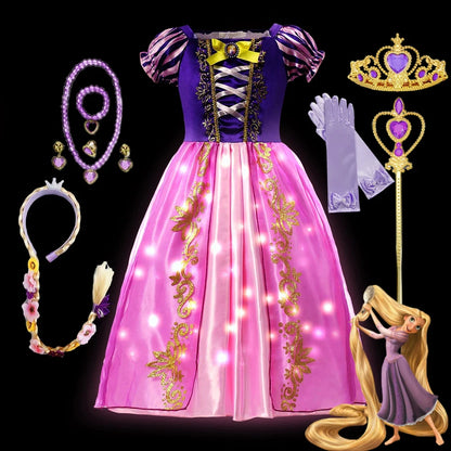 Rapunzel Princess Dress Costume LED Light Up Roleplay Disguise Fancy Kids Halloween Birthday Costume