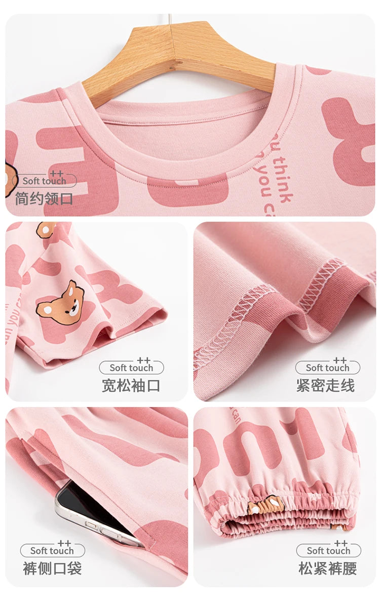 2-Pcs Women’s Cotton Pajama Set – Breathable Short Sleeve Summer Sleepwear with Cute Prints