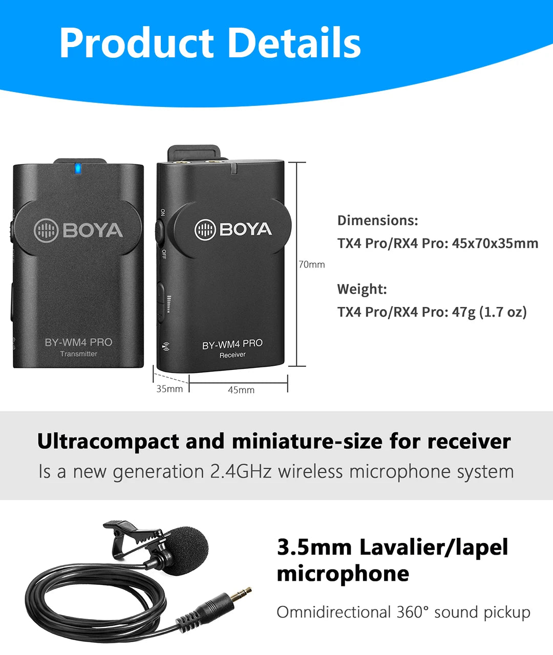 BY-WM4 PRO Wireless Lavalier Microphone for iPhone Android Smartphone DSLR Cameras Youtube Recording Live Streaming Vlog