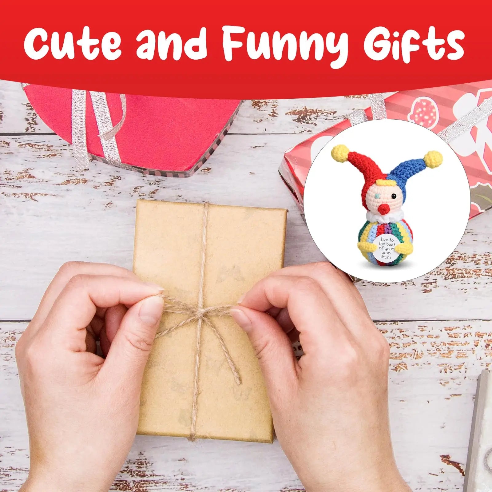 2 Pcs Funny Positive Crochet Clown Doll With Card Emotional Support Handmade Knitted Mini Clown Gifts Halloween Christmas Home Decor