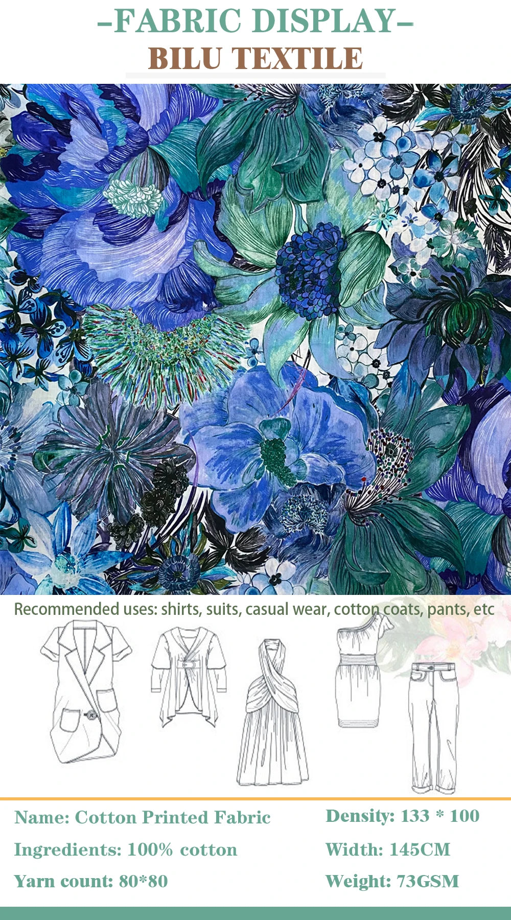 80S Like Liberty Fabric blue Marina seaflower Cotton Long-staple  Designer High-density Women's dress Children's Clothing  cloth