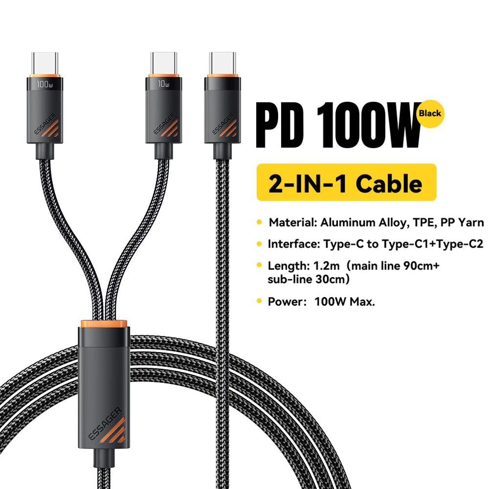 2-in-1 USB-C to USB-C + Lightning PD 100W Fast Charging Cable