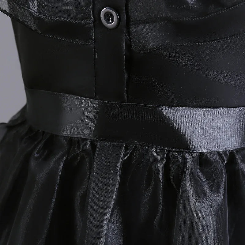 Girls Mesh Hollowed Out Cake Long Dress Cosplay American Drama Matching Ball Dress Black Kids Cospaly Dresses for Halloween