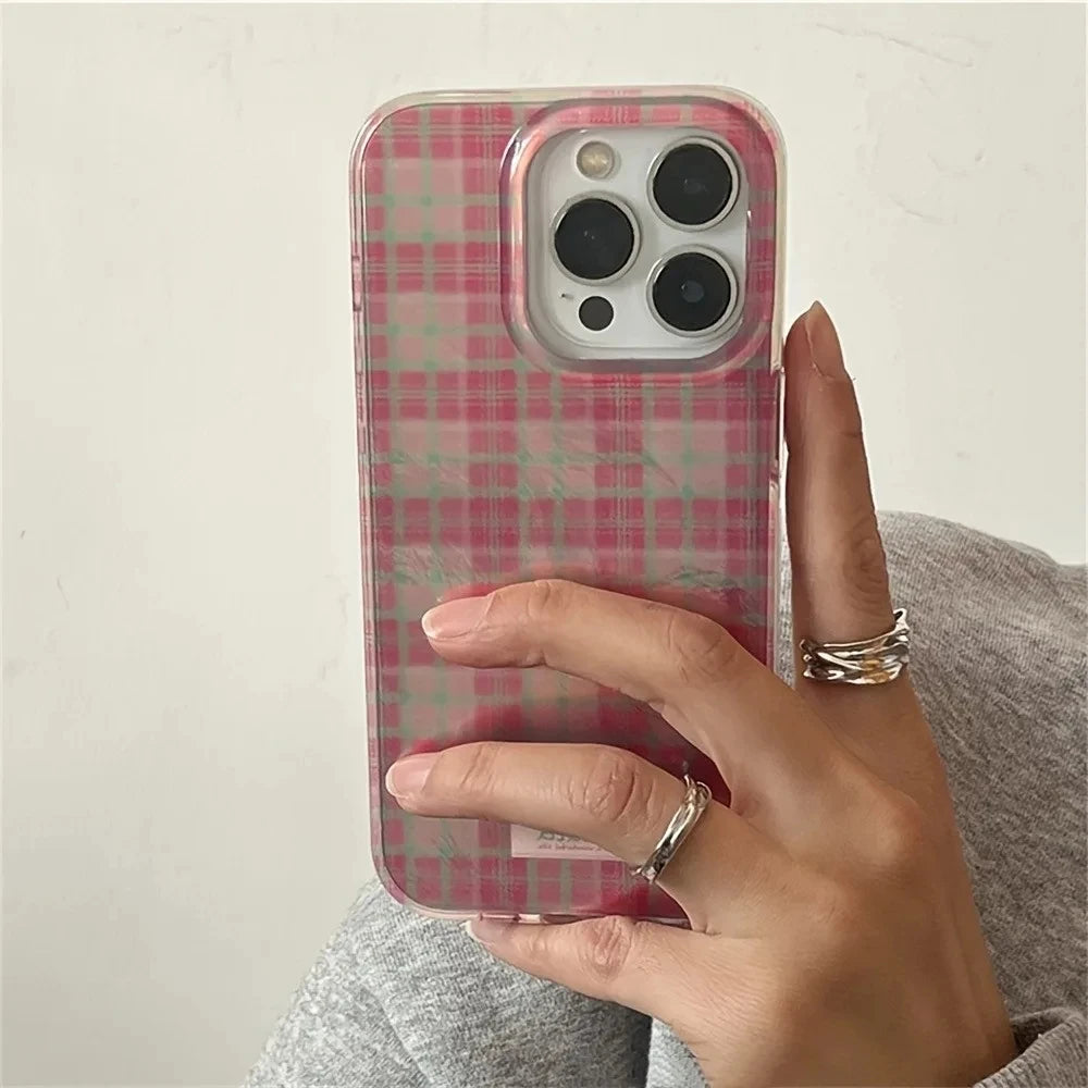 Dopamine Color Block Match Plaid Phone Case For iPhone 17 16 15 14 16E Grid Label Matte Cover