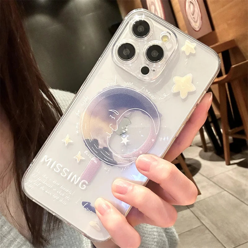 Magsafe  Transparent Cartoon Rose Flower Phone Case iPhone 16 15 14 Pro Max 16 Plus Wireless Charge Clear Funda