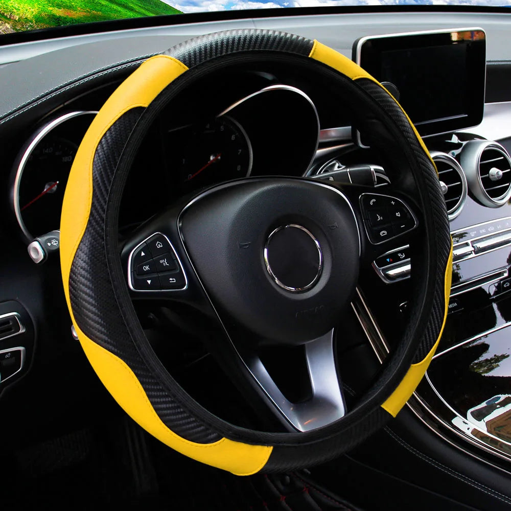 PU Carbon Fiber Leather Car Steering Wheel Cover 37CM 38CM