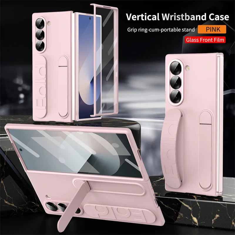 Wristband Foldable Stand Funda for Samsung Galaxy Z Fold 6 4 5 3 Fold5 5G Case Front Glass Lens Protection PC Plastic Cover Capa