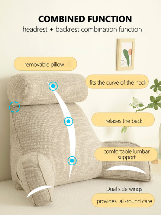 Reading Study Pillow,Bed Wedge with Arms and Pockets Bolster Back Support, Lumbar for Sofa,Office Chair Decorative Pillow