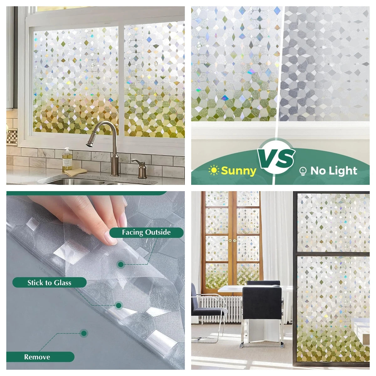 Wide 75/90 cm 3D Vinyl Window Privacy Film, Heat Insulation Rainbow Window Films, UV Protection Decorative Glass Stickers