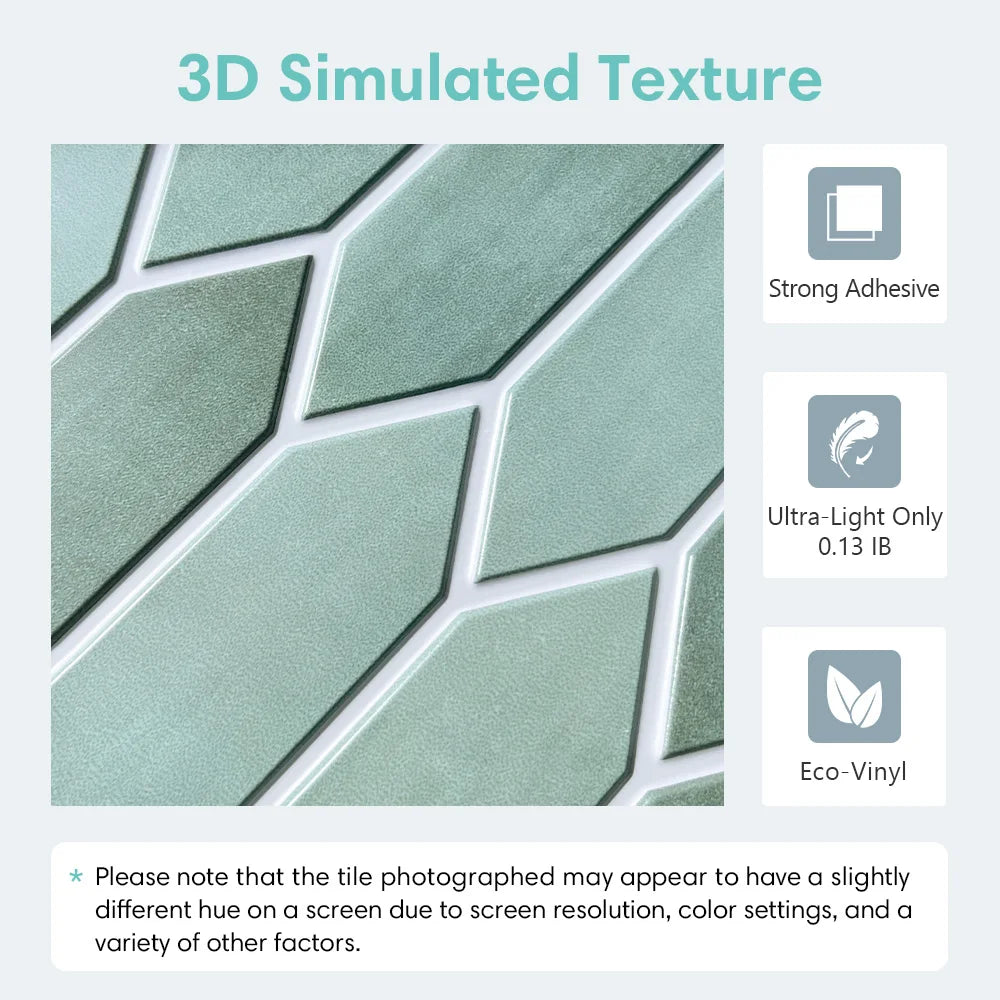10 pcs 3D Decorative Green Tile Stickers, Self-adhesive Hexagon Wall Stickers, Water and Mold Resistant, Easy to DIY, 30cm x 30cm