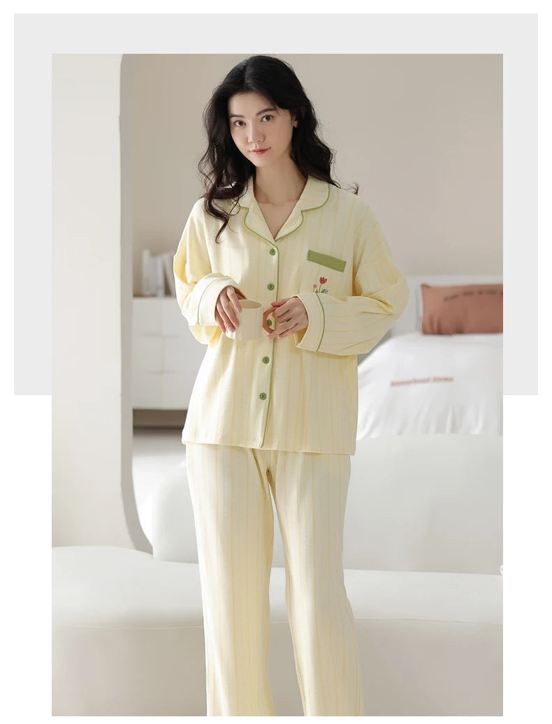 Women’s Winter 100% Cotton Pajama Set – Loose Fit, Turn-Down Collar, Long Sleeves, Cute Pink