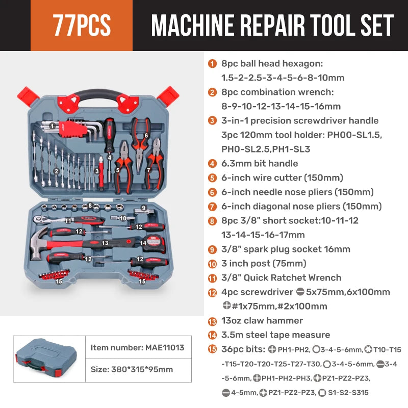 Hi-Spec Car Repair Tool Kit Socket Wrench Set 1/4 3/8 1/2 Ratchet Combination Tool Set for Home & Auto Maintenance